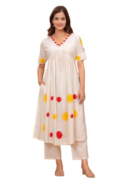 VRITIKA White Floral Embroidered Kurti Set
