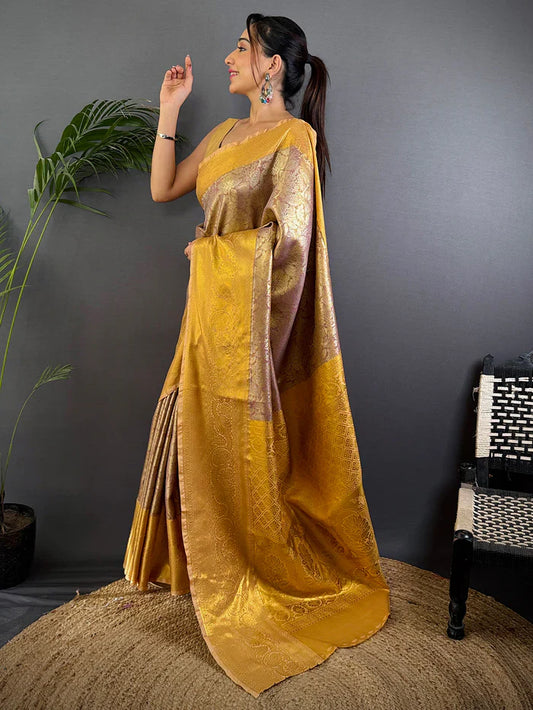 Blush Pink Golden Threadwork Dharmavaram Silk Saree