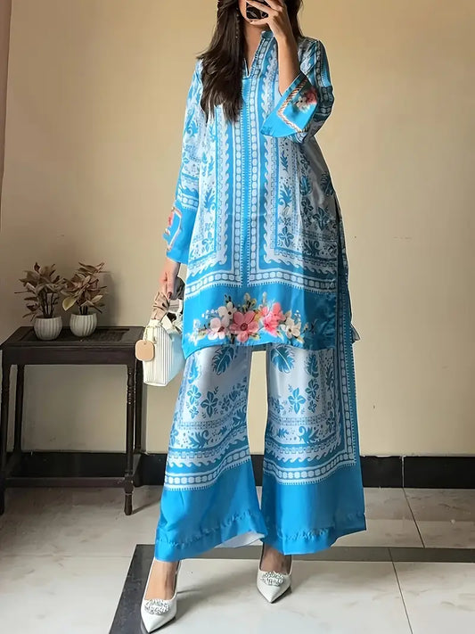 Women’s V-neck Loose Casual Ethnic Printed Long Dress Set