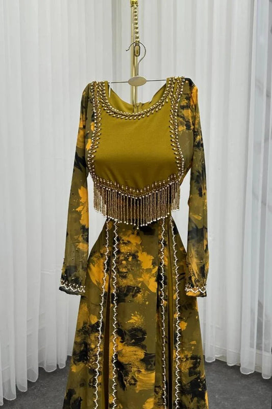 Chiffon and Stretch Crepe Dress with Hand Embroidery