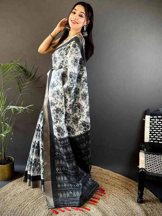 Black Check Tissue Chanderi Kalamkari Saree