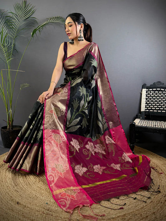 Black Soft Chanderi Pochampally Ikkat Saree