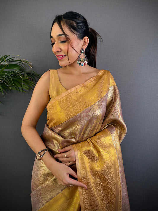 Blush Pink Golden Threadwork Dharmavaram Silk Saree