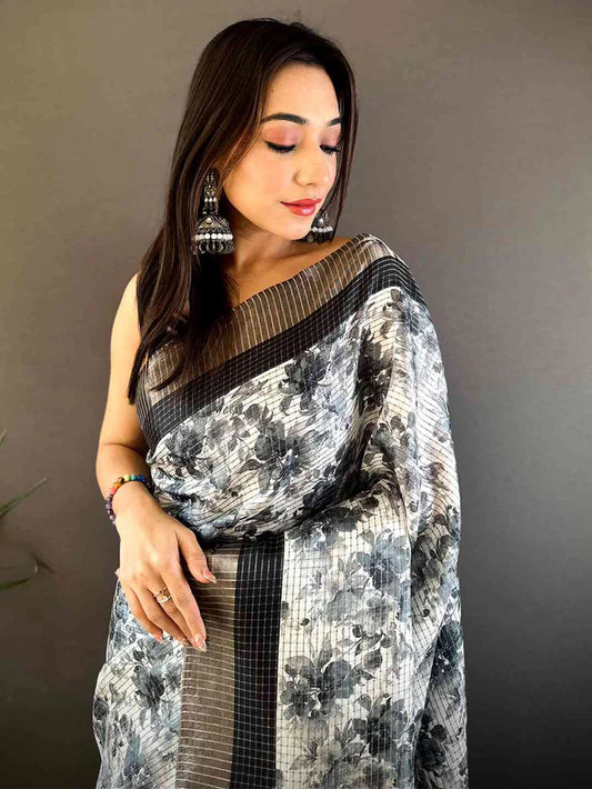 Black Check Tissue Chanderi Kalamkari Saree