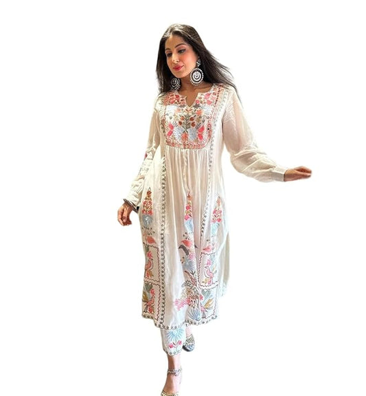 Women's Faux Georgette Embroidered White Kurta Set