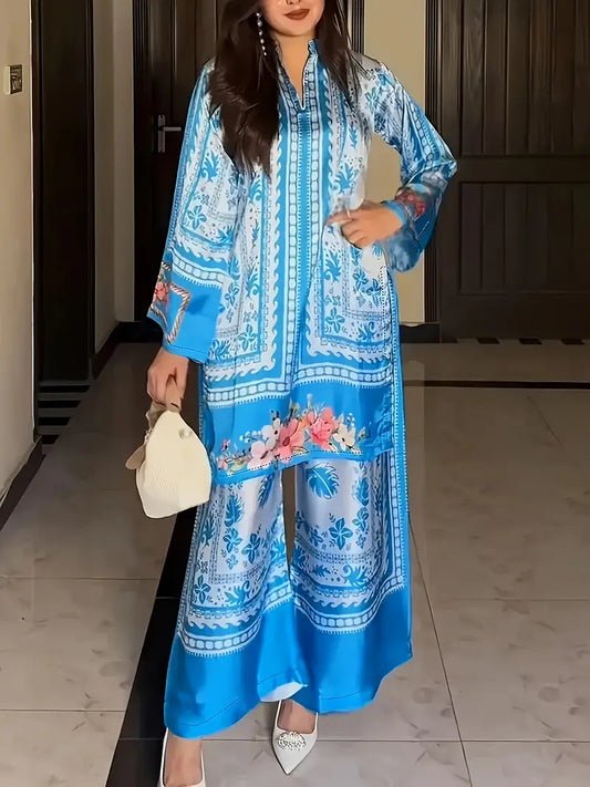 Women’s V-neck Loose Casual Ethnic Printed Long Dress Set