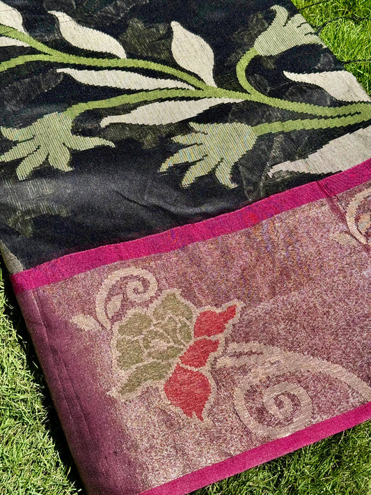 Black Soft Chanderi Pochampally Ikkat Saree