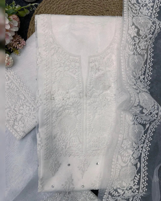 Elegant Organza Silk Top and Pant Set with Matching Dupatta