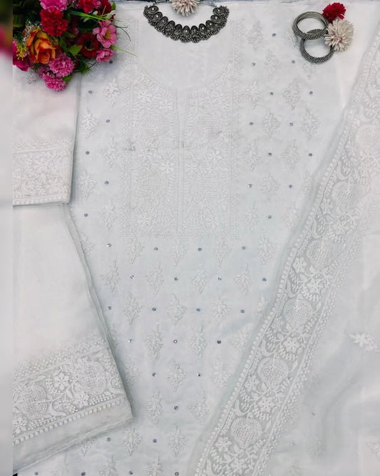 Elegant Organza Silk Top and Pant Set with Matching Dupatta