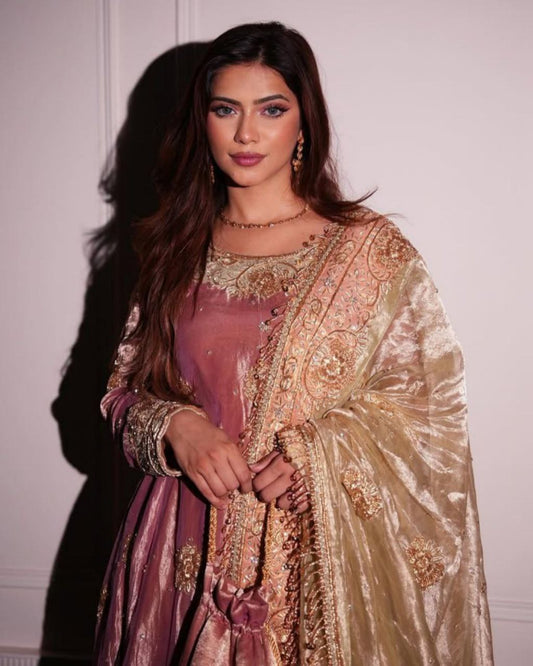 Exclusive Pastel Pink & Green Tissue Sequence Work Anarkali Suit With Dupatta