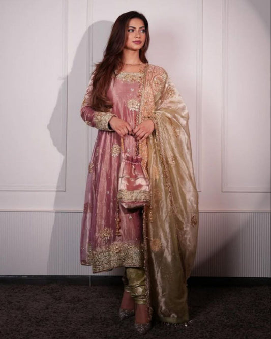 Exclusive Pastel Pink & Green Tissue Sequence Work Anarkali Suit With Dupatta