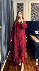 Maroon Embroidered Georgette Kurta Set