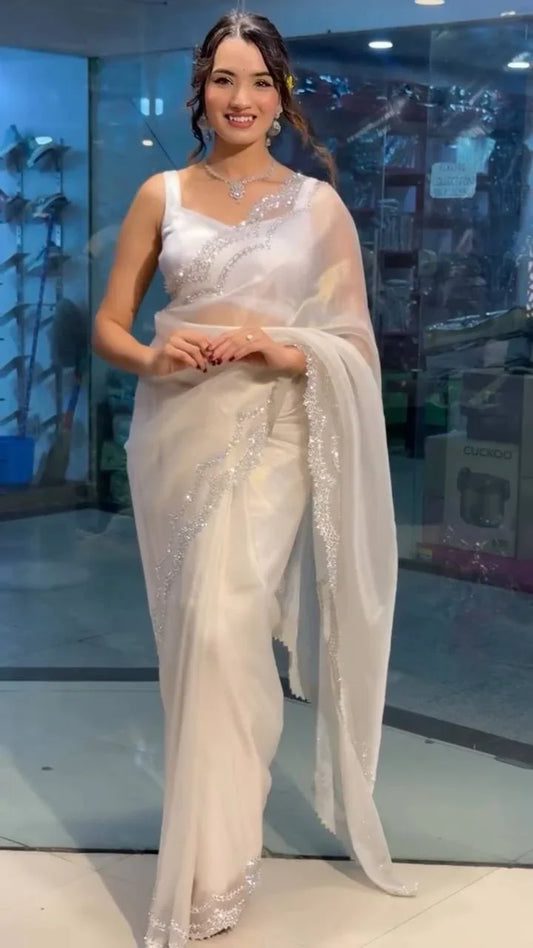 Beautiful Off White Jimmi Chu Silk Sequence Work Saree