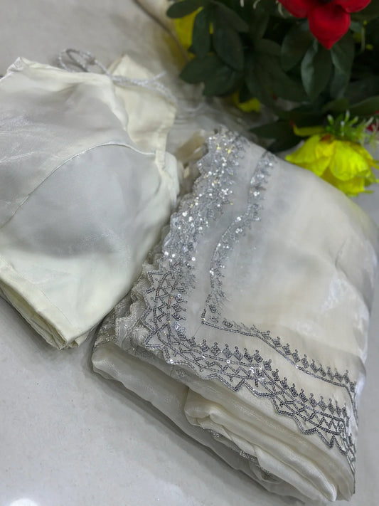 Beautiful Off White Jimmi Chu Silk Sequence Work Saree